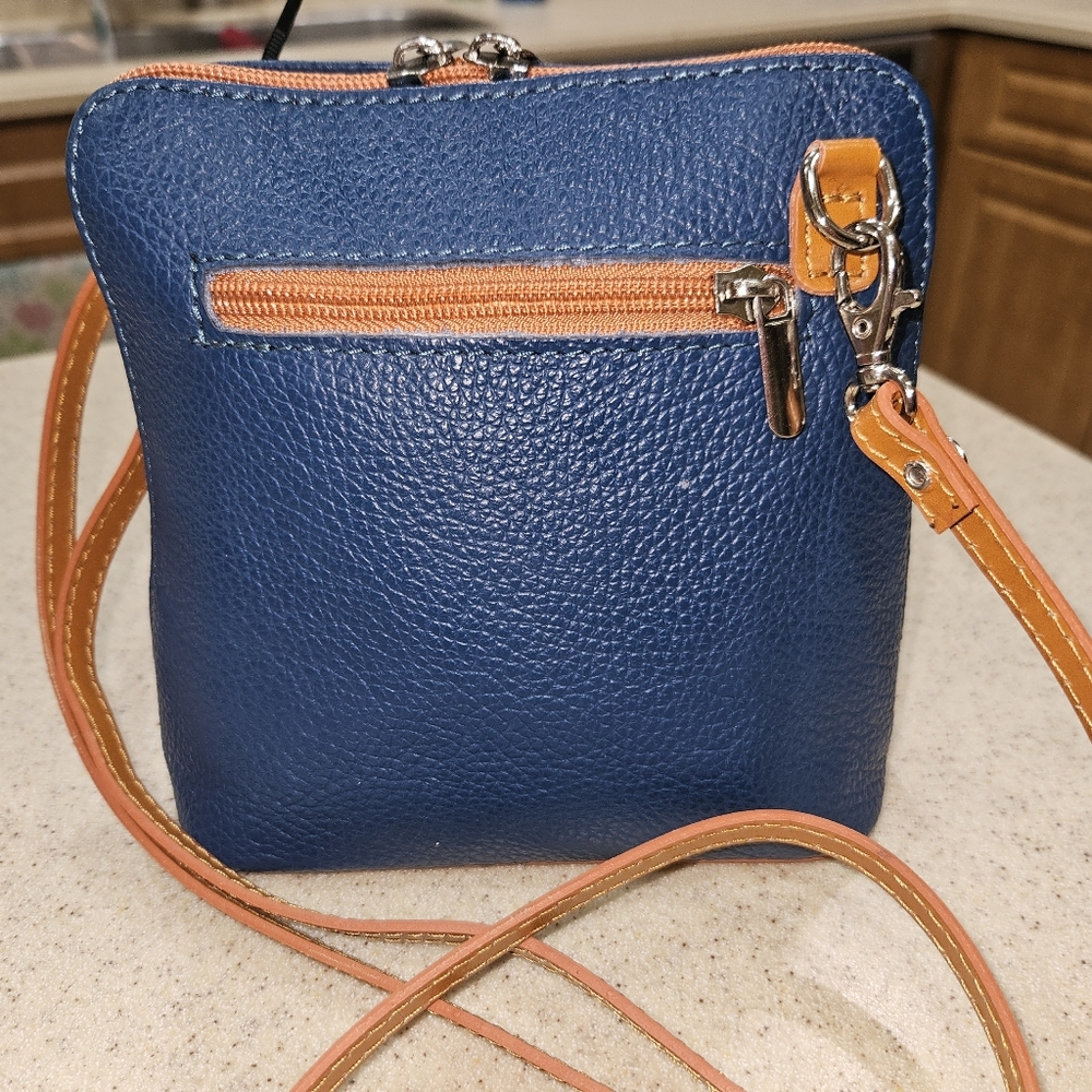 VERAPELLE SMALL LEATHER CROSSBODY HANDBAG, Blue Italian Leather Purse - Picture 2 of 4